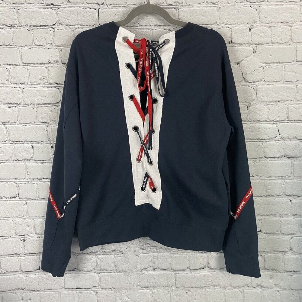 The Upside Lace Up Back Sweatshirt Navy Blue Crew Neck Sweater